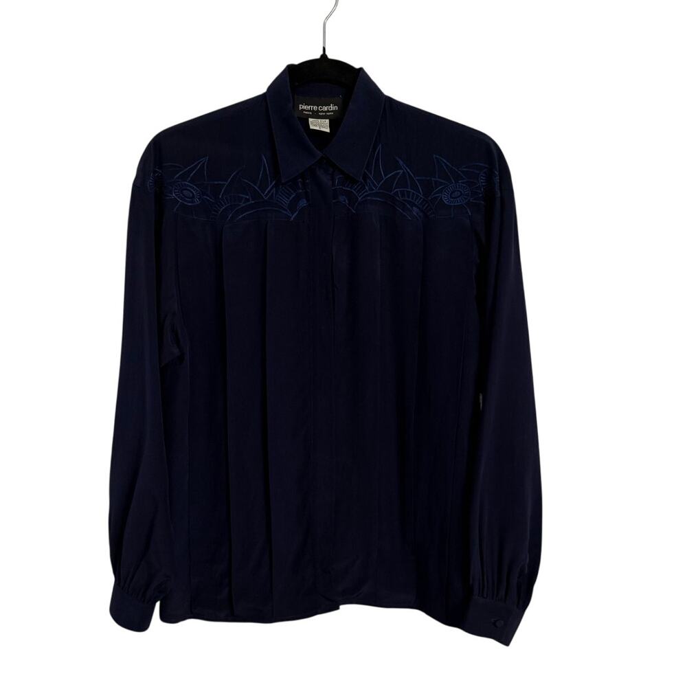 Pierre Cardin Embroidered Floral 100% Silk Pintuck Button Down‎ Blouse Women's 6